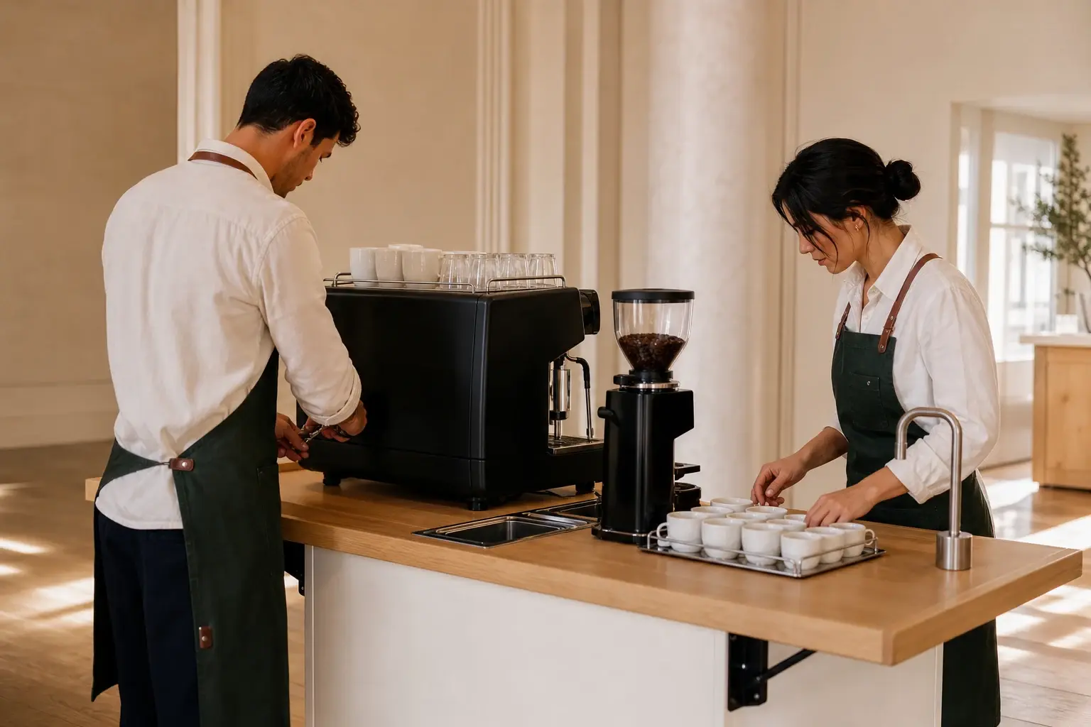 Syfr Coffee team setting up the mobile espresso cart before an event