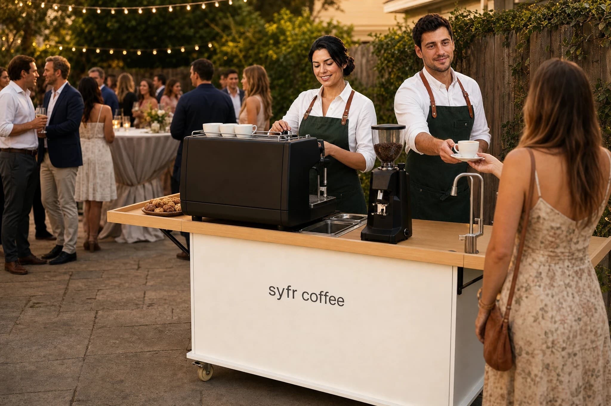 The wool-white Syfr cart with two baristas serving at a backyard celebration