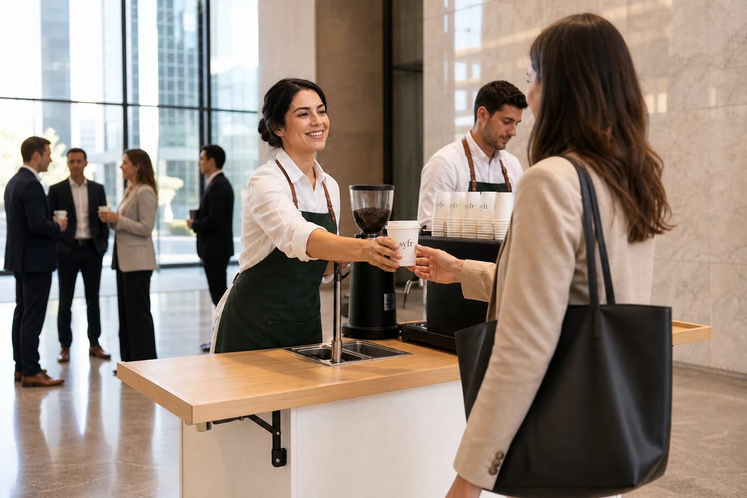 Syfr barista serving a disposable paper coffee cup at a Toronto office event