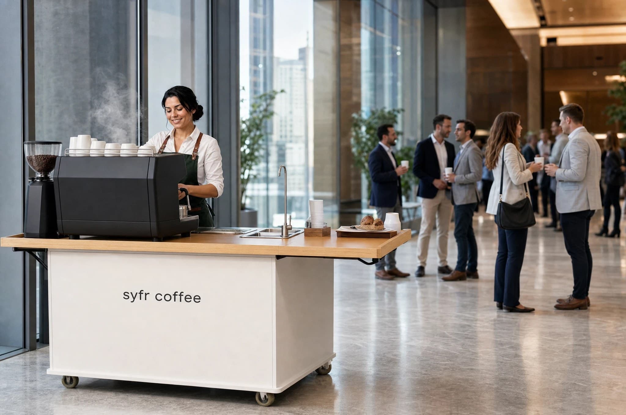 A Syfr barista serving guests from the cart in a Toronto office lobby