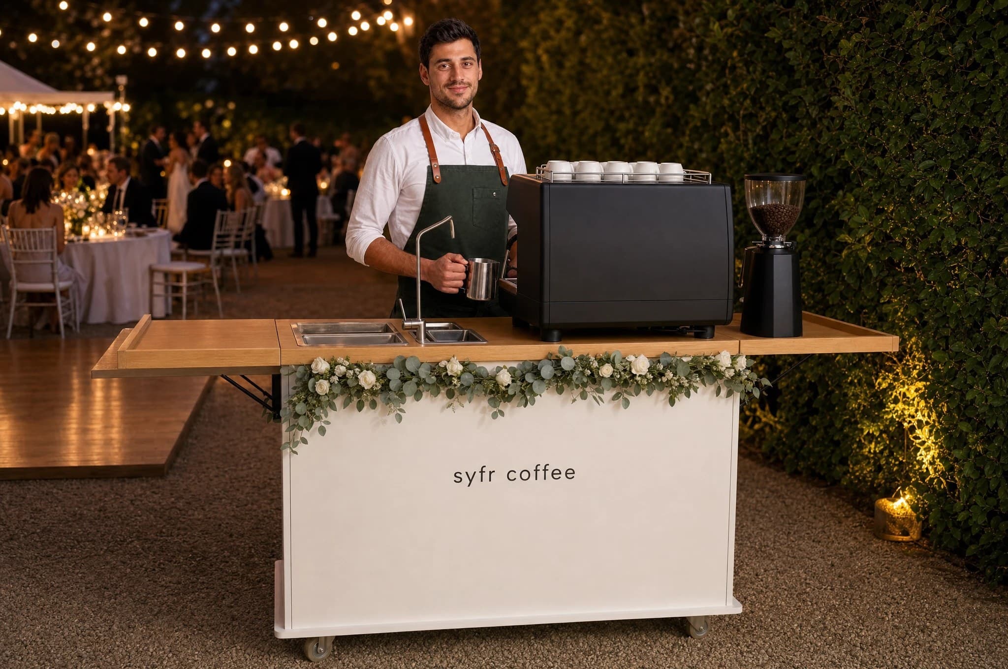 The Syfr cart with a floral garland serving an outdoor wedding reception at dusk