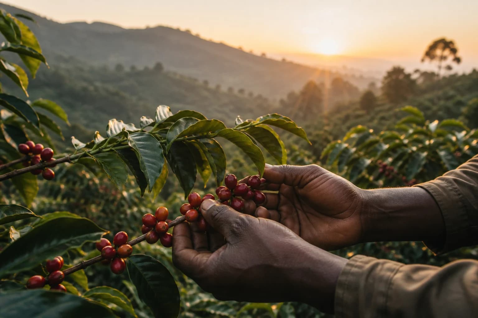 Ripe coffee cherries growing in the Kenyan highlands