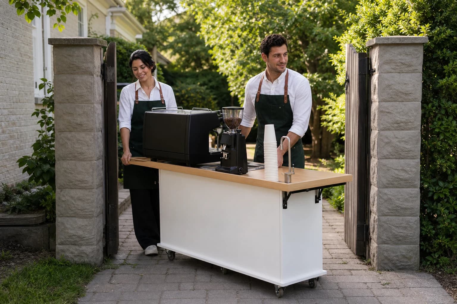 Syfr Coffee cart moving through a garden gate before a private Toronto event
