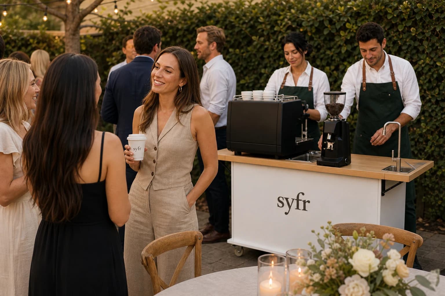 Guests enjoying a Toronto backyard event while Syfr baristas run the coffee cart