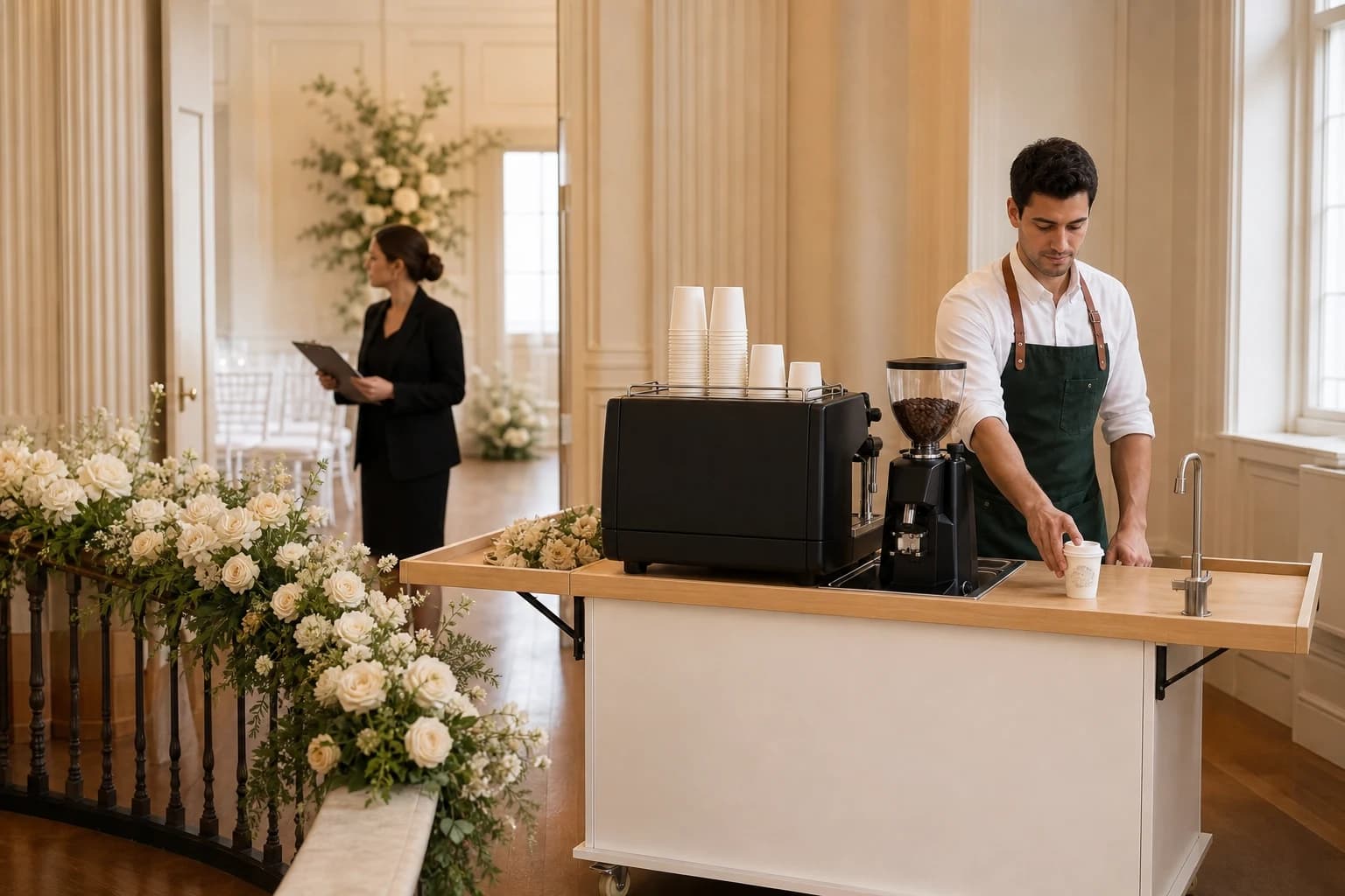Syfr Coffee cart set for a wedding welcome with disposable paper coffee cups and florals