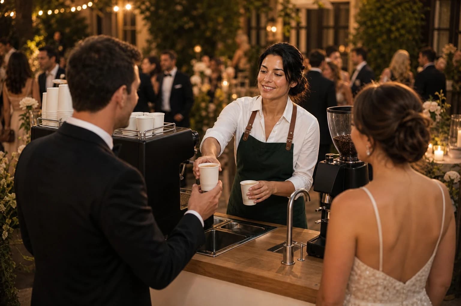 Syfr barista serving paper coffee cups during a Toronto wedding reception